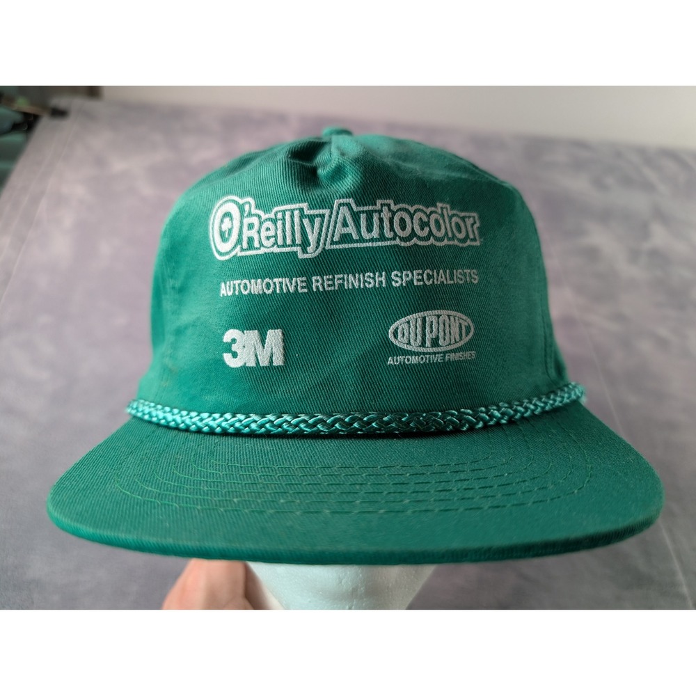 Vintage KC O'Reilly Autocolor 3M DuPont Green Snapback Hat Rope Trucker Cap OSFA